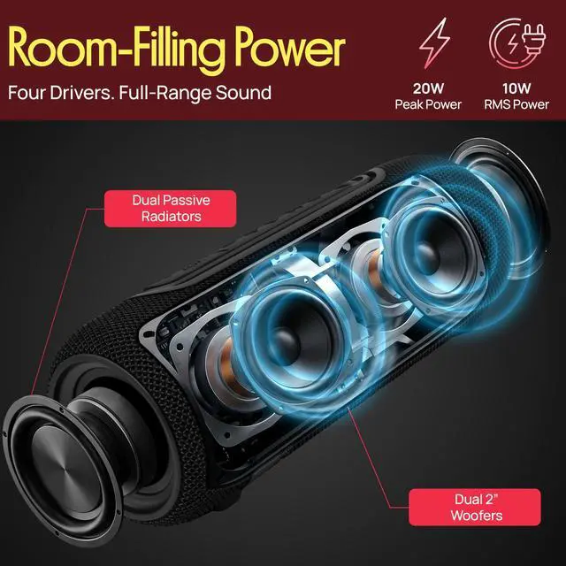 Alt view image 3 of 7 - Portable Bluetooth Speaker - IPX5 Waterproof, Multi-Color LED, TWS Stereo Pairing, USB/AUX/FM, 20W Peak Power, 5H Battery, Built-In Mic, Shockproof ABS Design - Outdoor, Travel, Home