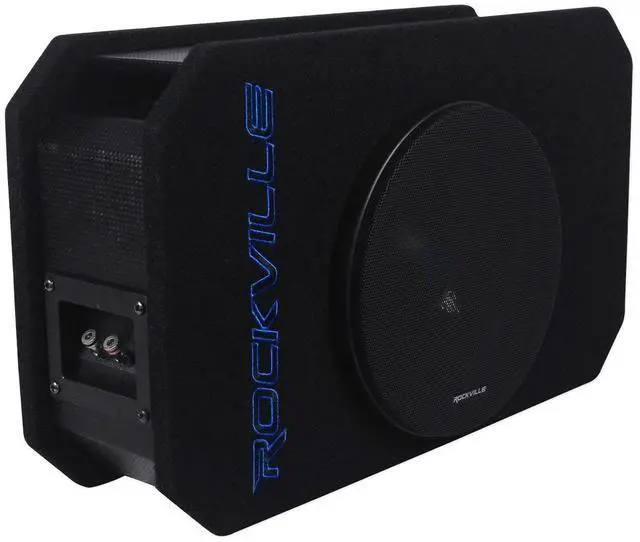 Main image of RMW8P 8" Shallow Car Subwoofer, Tunnel Slot Ported Enclosure | 200W RMS, 400W Program RMS, 800W Peak, 4 Ohm, Steel Mesh Grill, CNC-Cut MDF, Carbon Fiber Wrap, 5-Way Binding Post