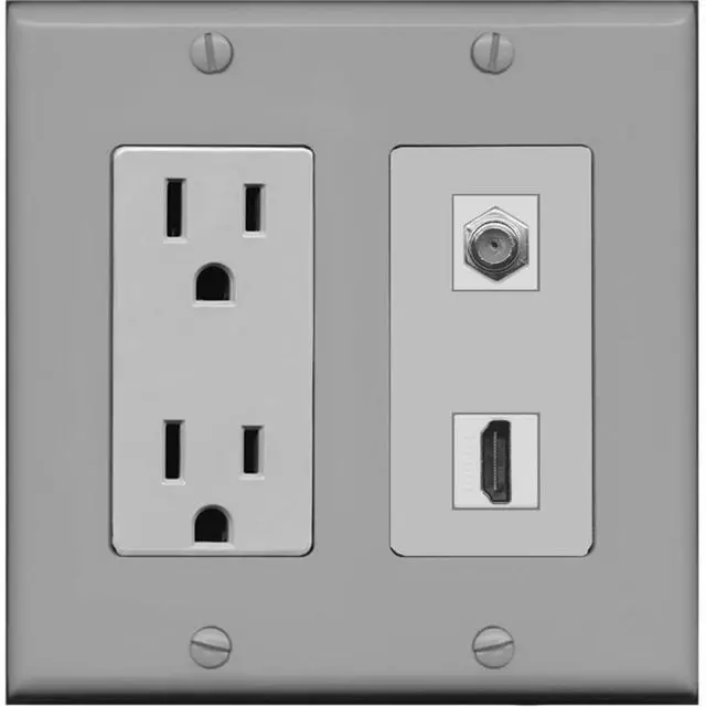Main image of 15 Amp Power Outlet and 1 Port HDMI Coax Cable TV- F-Type Decorative Wall Plate - Gray