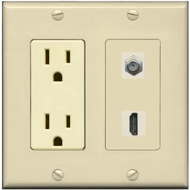 Main image of 15 Amp Power Outlet and 1 Port HDMI Coax Cable TV- F-Type Decorative Wall Plate - Ivory