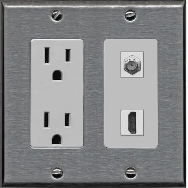 Main image of 15 Amp Power Outlet and 1 Port HDMI Coax Cable TV- F-Type Decorative Wall Plate - Stainless Steel/Gray