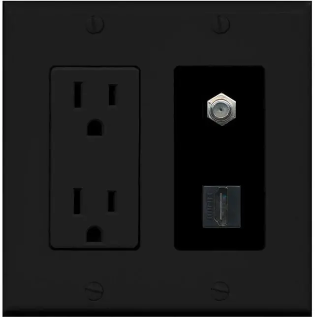 Main image of 15 Amp Power Outlet and 1 Port HDMI Coax Cable TV- F-Type Decorative Wall Plate - Black