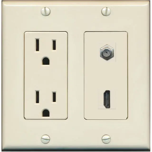 Main image of 15 Amp Power Outlet and 1 Port HDMI Coax Cable TV- F-Type Decorative Wall Plate - Light Almond