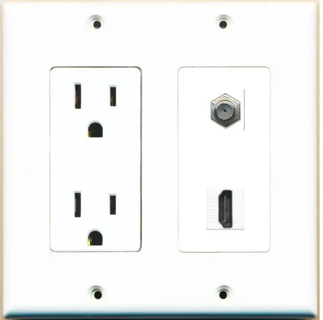 Main image of 15 Amp Power Outlet and 1 Port HDMI Coax Cable TV- F-Type Decorative Wall Plate - White