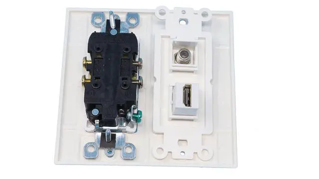 Alt view image 2 of 2 - 15 Amp Power Outlet and 1 Port HDMI Coax Cable TV- F-Type Decorative Wall Plate - White