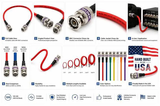 Alt view image 4 of 6 - 12G-SDI BNC to BNC Cable, 4855R,6ft, Red | Premium Mini RG59, 75 Ohm, Supports SD, HD, 3G, 6G & 12G-SDI