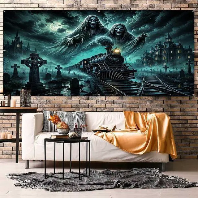 Alt view image 3 of 6 - Halloween Ghost Garage Door Cover Banner, 8 x 7FT Hanging Backdrop Decorations for Home Outdoor Indoor Spooky Party Wall Window Yard