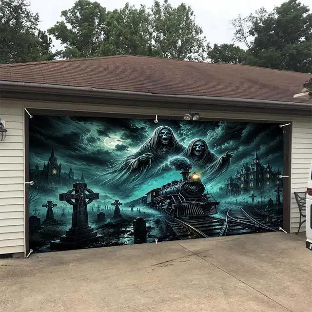 Alt view image 4 of 6 - Halloween Ghost Garage Door Cover Banner, 8 x 7FT Hanging Backdrop Decorations for Home Outdoor Indoor Spooky Party Wall Window Yard