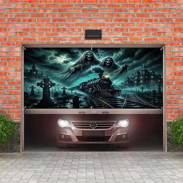 Alt view image 5 of 6 - Halloween Ghost Garage Door Cover Banner, 8 x 7FT Hanging Backdrop Decorations for Home Outdoor Indoor Spooky Party Wall Window Yard