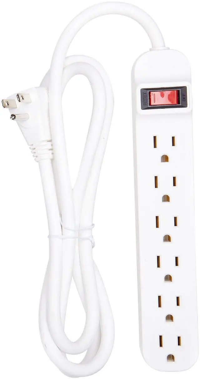 Main image of 6-Outlet Power Strip with five-foot cord, White | Compact plastic housing, retail display pack, home office, desktop computer, travel use