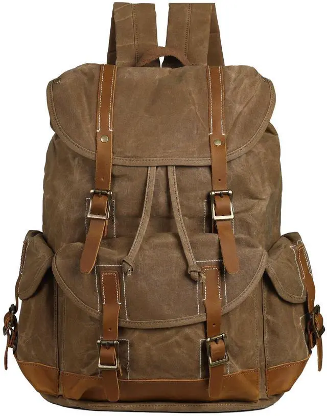 Main image of Heavy-Duty Waxed Canvas Rucksack Backpack | Vintage Waxed Canvas Backpack with Leather Trim, Fits Laptop and Essentials for Travel and Daily Carry