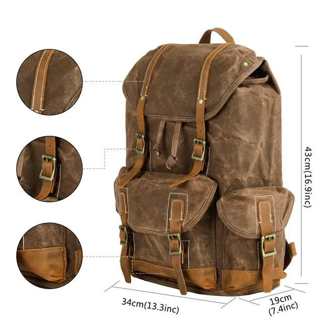 Alt view image 2 of 6 - Heavy-Duty Waxed Canvas Rucksack Backpack | Vintage Waxed Canvas Backpack with Leather Trim, Fits Laptop and Essentials for Travel and Daily Carry