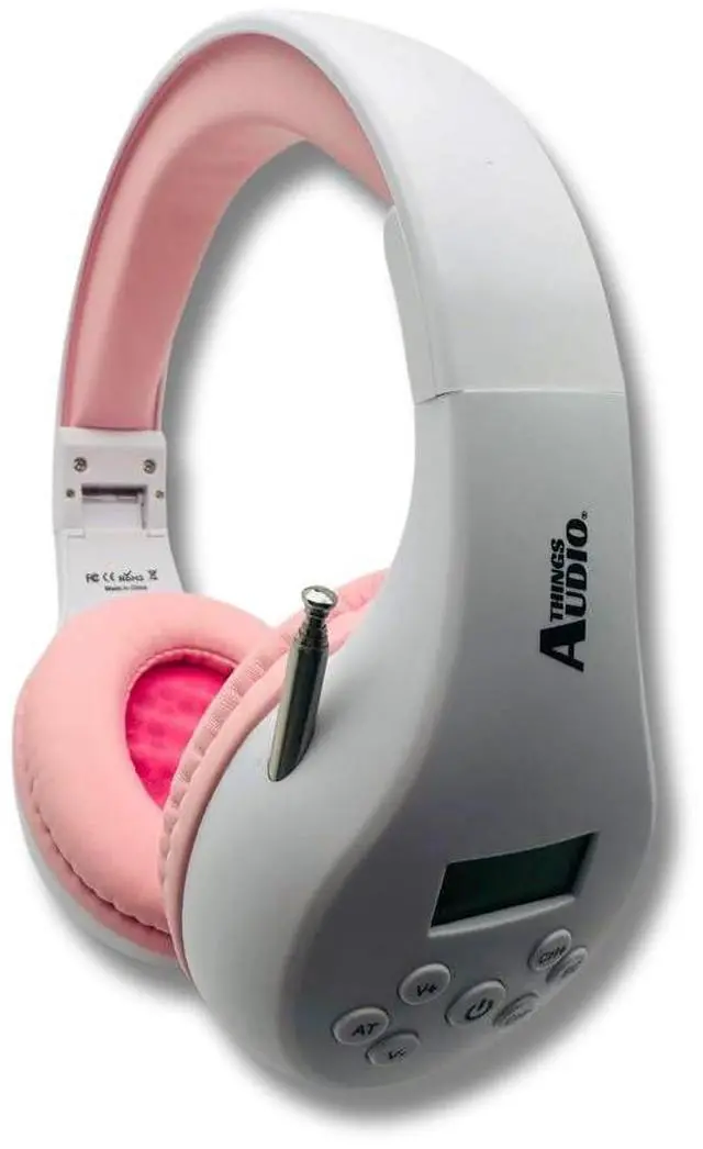 Main image of FM Radio Headphones, White & Pink | Adjustable, Pull-Out Antenna, Portable Personal Radio, Battery Powered