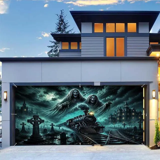 Alt view image 6 of 6 - Halloween Ghost Garage Door Cover Banner, 8 x 7FT Hanging Backdrop Decorations for Home Outdoor Indoor Spooky Party Wall Window Yard