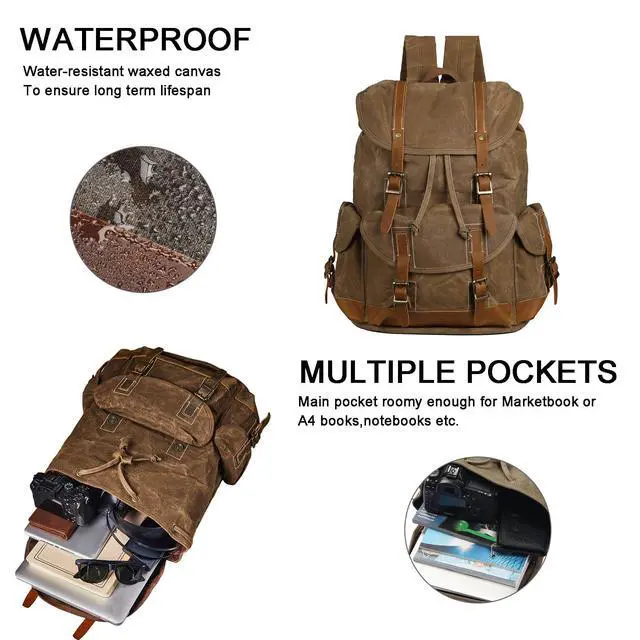 Alt view image 4 of 6 - Heavy-Duty Waxed Canvas Rucksack Backpack | Vintage Waxed Canvas Backpack with Leather Trim, Fits Laptop and Essentials for Travel and Daily Carry