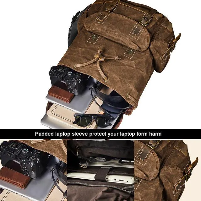 Alt view image 5 of 6 - Heavy-Duty Waxed Canvas Rucksack Backpack | Vintage Waxed Canvas Backpack with Leather Trim, Fits Laptop and Essentials for Travel and Daily Carry