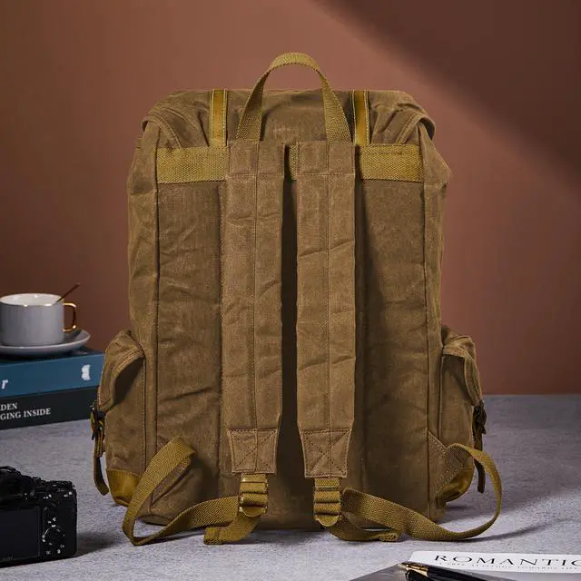 Alt view image 6 of 6 - Heavy-Duty Waxed Canvas Rucksack Backpack | Vintage Waxed Canvas Backpack with Leather Trim, Fits Laptop and Essentials for Travel and Daily Carry