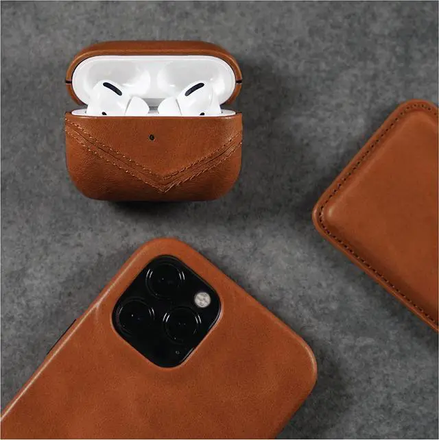 Alt view image 4 of 5 - Premium Leather Case Compatible with Apple AirPods 3, Wireless Charging, Two-Piece Design (Sienna)