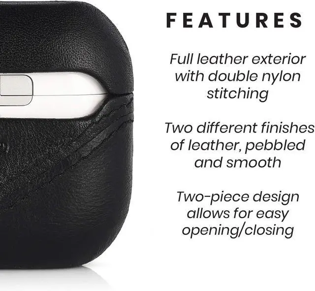 Alt view image 3 of 5 - Premium Leather Case Compatible with Apple AirPods 3, Wireless Charging, Two-Piece Design (Black)
