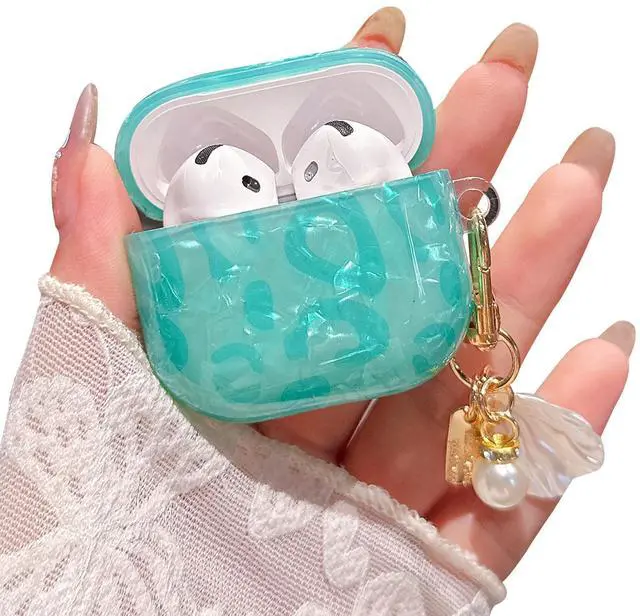 Main image of for Airpod 4 Case Cute with Shell Pearl Keychain Luxury Leopard Hard TPU Protective Cover Compatible with AirPods 4th Generation Case 2024 for Girls Women (Turquoise Blue)