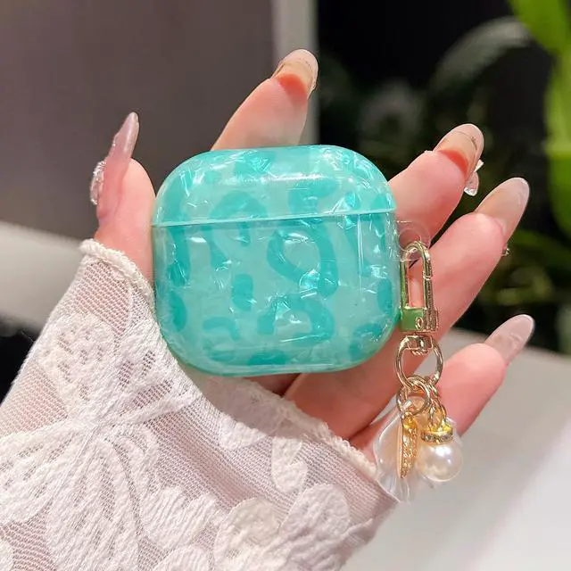 Alt view image 3 of 7 - for Airpod 4 Case Cute with Shell Pearl Keychain Luxury Leopard Hard TPU Protective Cover Compatible with AirPods 4th Generation Case 2024 for Girls Women (Turquoise Blue)