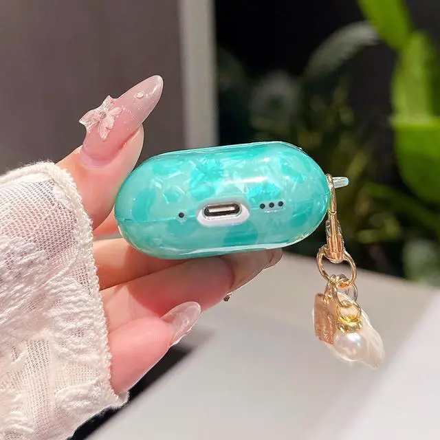 Alt view image 5 of 7 - for Airpod 4 Case Cute with Shell Pearl Keychain Luxury Leopard Hard TPU Protective Cover Compatible with AirPods 4th Generation Case 2024 for Girls Women (Turquoise Blue)