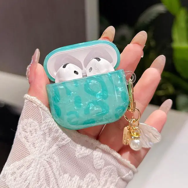 Alt view image 4 of 7 - for Airpod 4 Case Cute with Shell Pearl Keychain Luxury Leopard Hard TPU Protective Cover Compatible with AirPods 4th Generation Case 2024 for Girls Women (Turquoise Blue)
