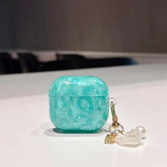 Alt view image 7 of 7 - for Airpod 4 Case Cute with Shell Pearl Keychain Luxury Leopard Hard TPU Protective Cover Compatible with AirPods 4th Generation Case 2024 for Girls Women (Turquoise Blue)