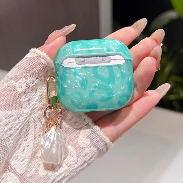 Alt view image 6 of 7 - for Airpod 4 Case Cute with Shell Pearl Keychain Luxury Leopard Hard TPU Protective Cover Compatible with AirPods 4th Generation Case 2024 for Girls Women (Turquoise Blue)