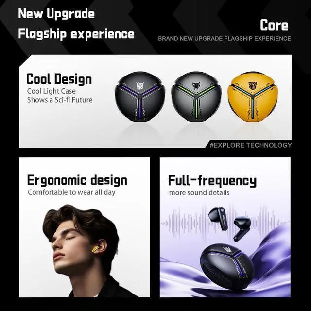 Alt view image 6 of 7 - TF-T30 Bluetooth TWS Wireless Earbuds with Energy Core Design Passive Noise Cancelling Semi-in-Ear Cool HiFi HD Calling Music Game Modes Low Latency Sports Earphones (Black Megatron)