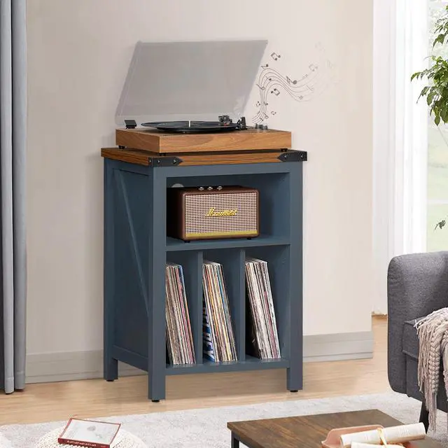 Alt view image 2 of 7 - Record Player Stand with Vinyl Record Storage Holds up to 160 Albums,Large Wood Record Player Table Dispaly ShelfBlue Turntable Stand Cabinet for Living Room,Bedroom,Office 9