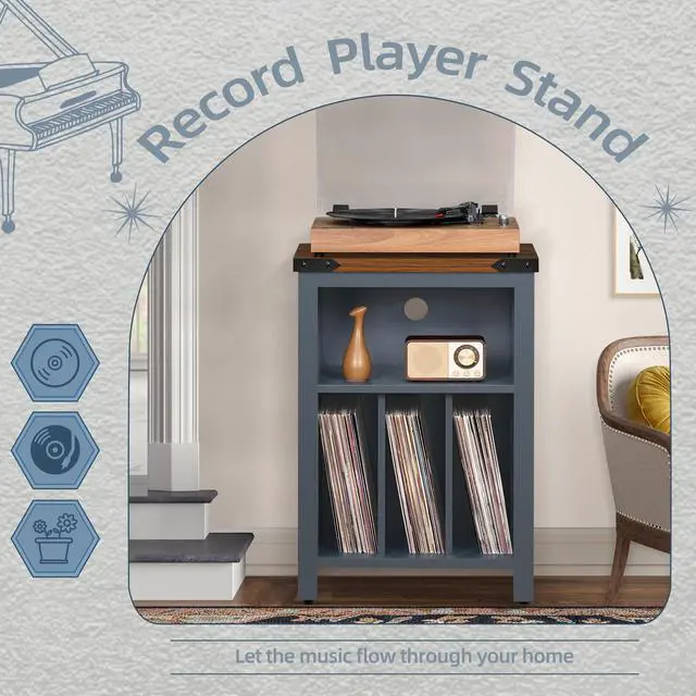 Alt view image 4 of 7 - Record Player Stand with Vinyl Record Storage Holds up to 160 Albums,Large Wood Record Player Table Dispaly ShelfBlue Turntable Stand Cabinet for Living Room,Bedroom,Office 9