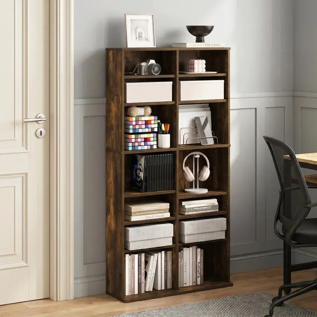 Main image of 16-Shelf Wide CD Rack, 8 x 2 DVD Storage Cabinets with Adjustable Shelves, Easy Assembly DVD Shelf, Media Shelf for CD Blueray Game Disc, for Home Office, Living Room, Amber Pine