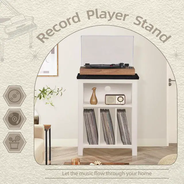 Alt view image 4 of 7 - Record Player Stand with Vinyl Record Storage Holds up to 160 Albums,Large Wood Record Player Table Dispaly ShelfWhite Turntable Stand Cabinet for Living Room,Bedroom,Office 8