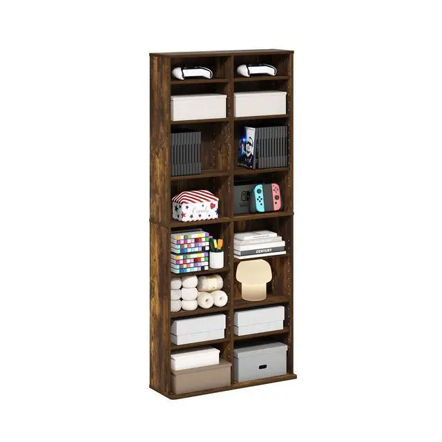 Alt view image 5 of 5 - 16-Shelf Wide CD Rack, 8 x 2 DVD Storage Cabinets with Adjustable Shelves, Easy Assembly DVD Shelf, Media Shelf for CD Blueray Game Disc, for Home Office, Living Room, Amber Pine