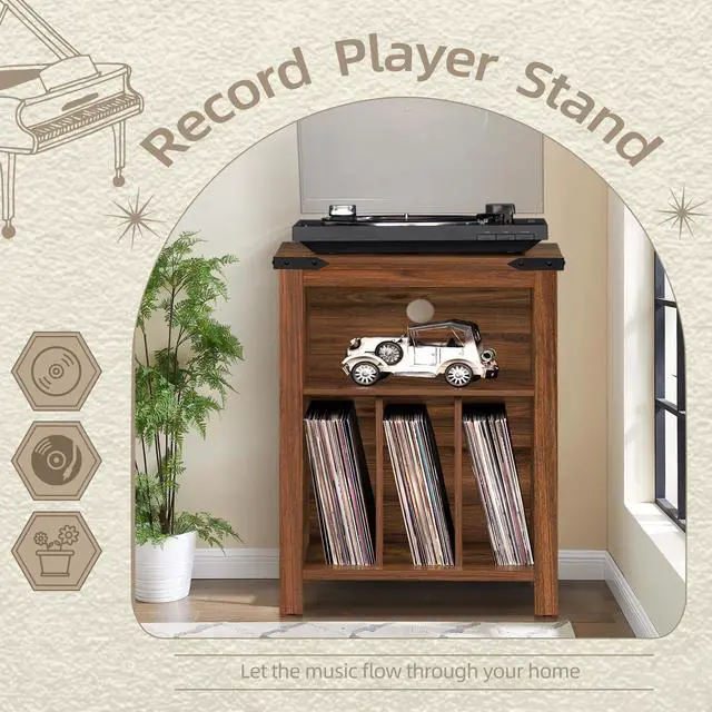 Alt view image 4 of 7 - Record Player Stand with Vinyl Record Storage Holds up to 160 Albums,Large Wood Record Player Table Dispaly ShelfBrown Turntable Stand Cabinet for Living Room,Bedroom,Office 7