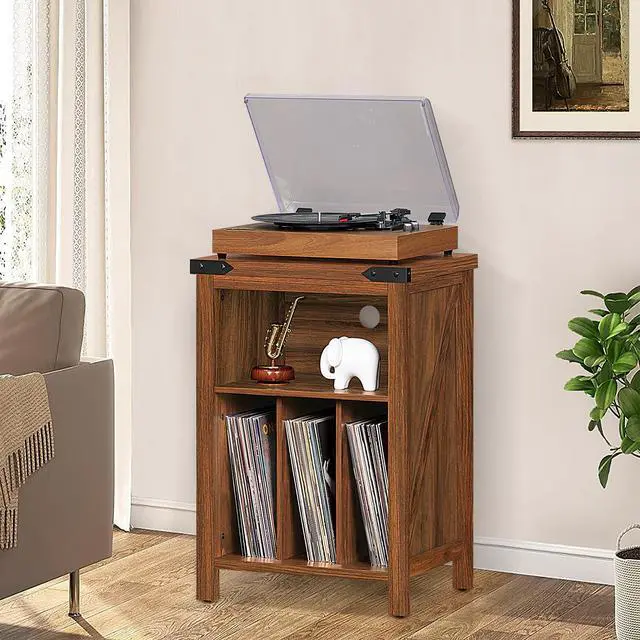 Alt view image 5 of 7 - Record Player Stand with Vinyl Record Storage Holds up to 160 Albums,Large Wood Record Player Table Dispaly ShelfBrown Turntable Stand Cabinet for Living Room,Bedroom,Office 7