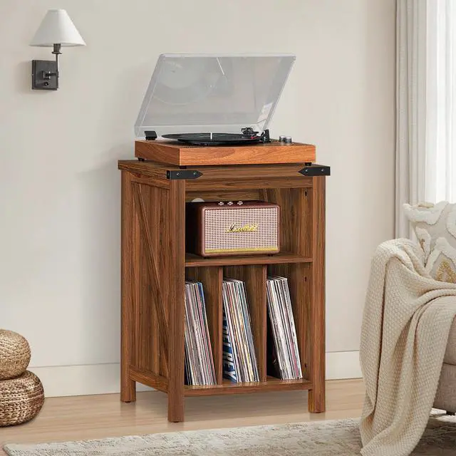 Alt view image 2 of 7 - Record Player Stand with Vinyl Record Storage Holds up to 160 Albums,Large Wood Record Player Table Dispaly ShelfBrown Turntable Stand Cabinet for Living Room,Bedroom,Office 7