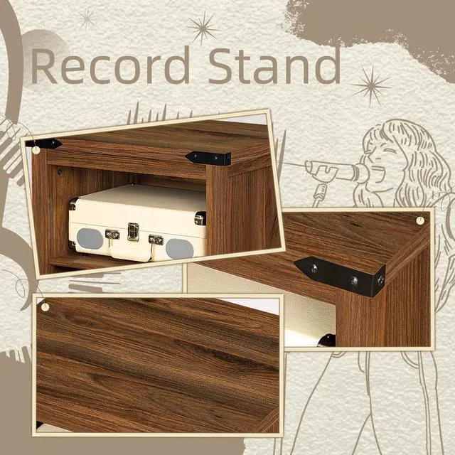 Alt view image 6 of 7 - Record Player Stand with Vinyl Record Storage Holds up to 160 Albums,Large Wood Record Player Table Dispaly ShelfBrown Turntable Stand Cabinet for Living Room,Bedroom,Office 7