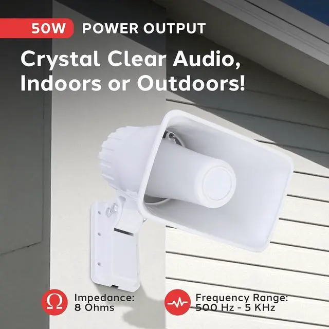 Alt view image 2 of 7 - Indoor / Outdoor PA Horn Speaker - 6" PA Speaker With 8 Ohms Impedance & 50 Watts Peak Power - Mounting Bracket & Hardware Included - White