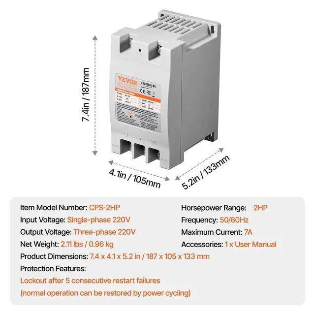 Alt view image 7 of 7 - 3 Phase Converter - 2HP 7A 220V Single Phase to 3 Phase Converter, 220V Input/Output, Digital Phase Shifter for Residential & Light Commercial Use (One Converter for One Motor Only)