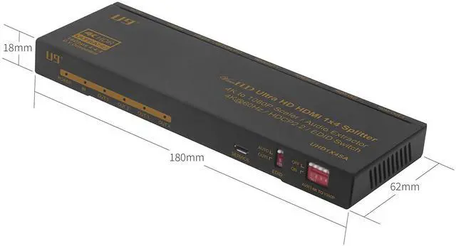 Main image of ViewHD 1 in 4 Out 1x4 Splitter Audio Extractor | HDMI 2.0 HDCP 2.2 4K@60Hz | 4K to 1080P Scaler | HDR Dolby Vision | 3.5mm Jack Optical and HDMI Audio Outputs to HDMI AVR Receiver | Model: UHD1X4SA