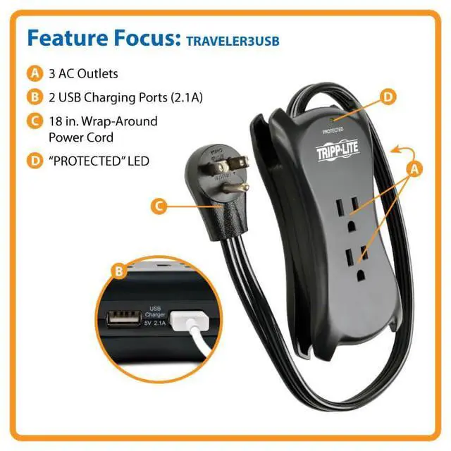Alt view image 6 of 7 - Eaton TRAVELER3USB Travel Power Strip & USB Charger, Flat Plug, 1050 Joule Surge Protector, 2 USB Ports, 3-Outlets, 18" Cord & Cable Wrap, $25,000 Insurance