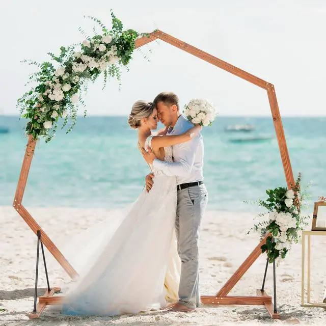 Main image of Wooden Wedding Arch for Ceremony, 7 FT Wood Heptagon Arbor | Backdrop Arbor Stand, Rustic Boho Decoration, Garden Archway for Indoor Outdoor Birthday Proposal Party Lawn Beach