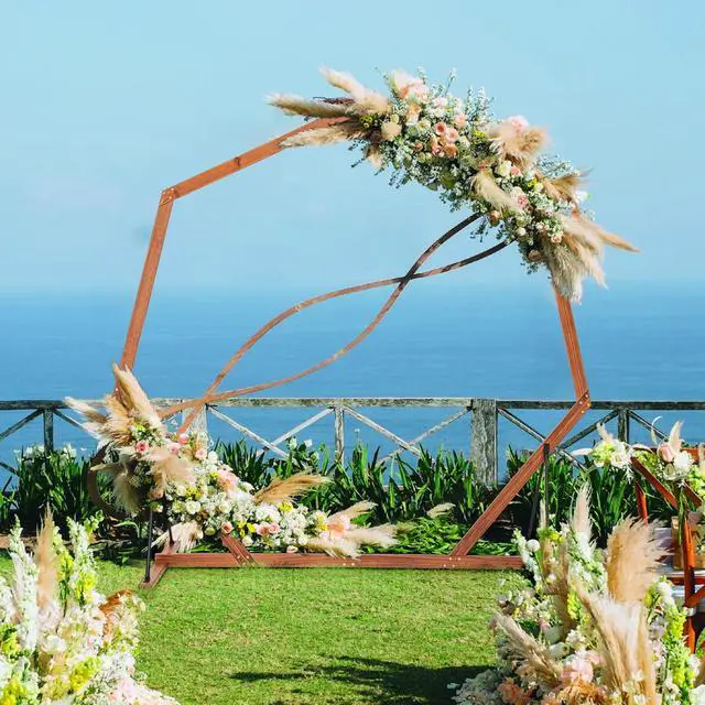 Alt view image 2 of 7 - Wooden Wedding Arch for Ceremony, 7 FT Wood Heptagon Arbor | Backdrop Arbor Stand, Rustic Boho Decoration, Garden Archway for Indoor Outdoor Birthday Proposal Party Lawn Beach
