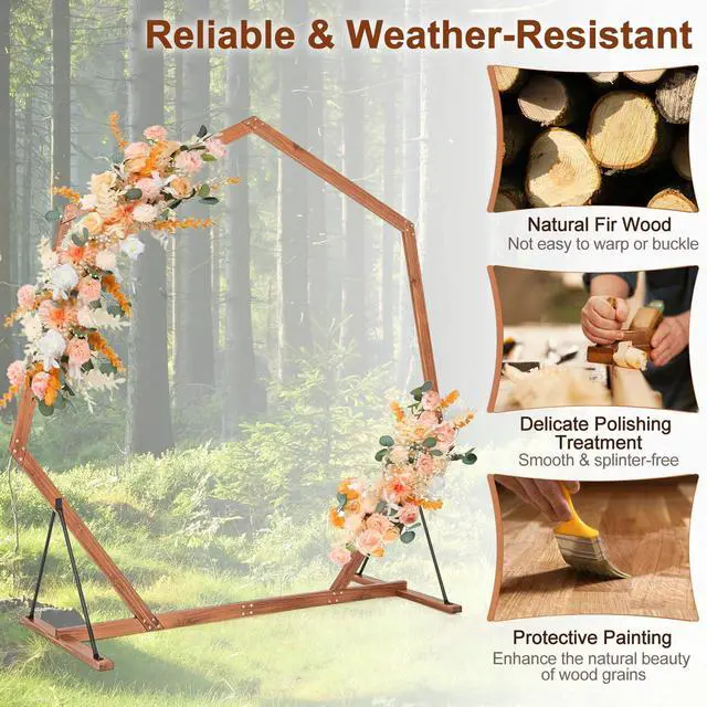 Alt view image 4 of 7 - Wooden Wedding Arch for Ceremony, 7 FT Wood Heptagon Arbor | Backdrop Arbor Stand, Rustic Boho Decoration, Garden Archway for Indoor Outdoor Birthday Proposal Party Lawn Beach
