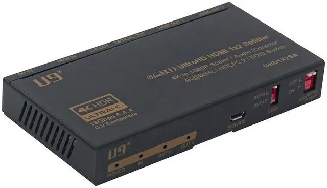 Main image of ViewHD UHD1X2SA 1 in 2 Out 1x2 HDMI 2.0 HDCP 2.2 Splitter with 4K to 1080P Down Scaler and Audio Extractor 4K60Hz HDR Dolby Vision 3.5mm / Optical and HDMI Audio Output to HDMI AVR Receiver
