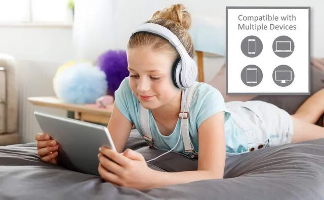Alt view image 2 of 7 - Kids Headphones, Stereo Sound, 3.5mm Jack Cord, Wired Headphones for Kids, Tangle-Free, Volume Control, Childrens Earphones Over Ear for Travel White