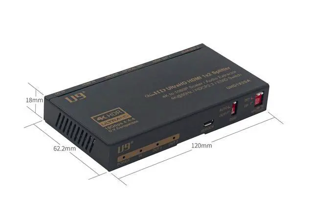 Alt view image 5 of 6 - ViewHD UHD1X2SA 1 in 2 Out 1x2 HDMI 2.0 HDCP 2.2 Splitter with 4K to 1080P Down Scaler and Audio Extractor 4K60Hz HDR Dolby Vision 3.5mm / Optical and HDMI Audio Output to HDMI AVR Receiver