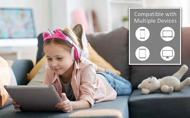 Alt view image 2 of 7 - Unicorn Kids Headphones, Adjustable Headband, Stereo Sound, 3.5Mm Jack, Wired Headphones for Kids, Tangle-Free, Volume Control, Foldable, Childrens Earphones for School, Home, Travel